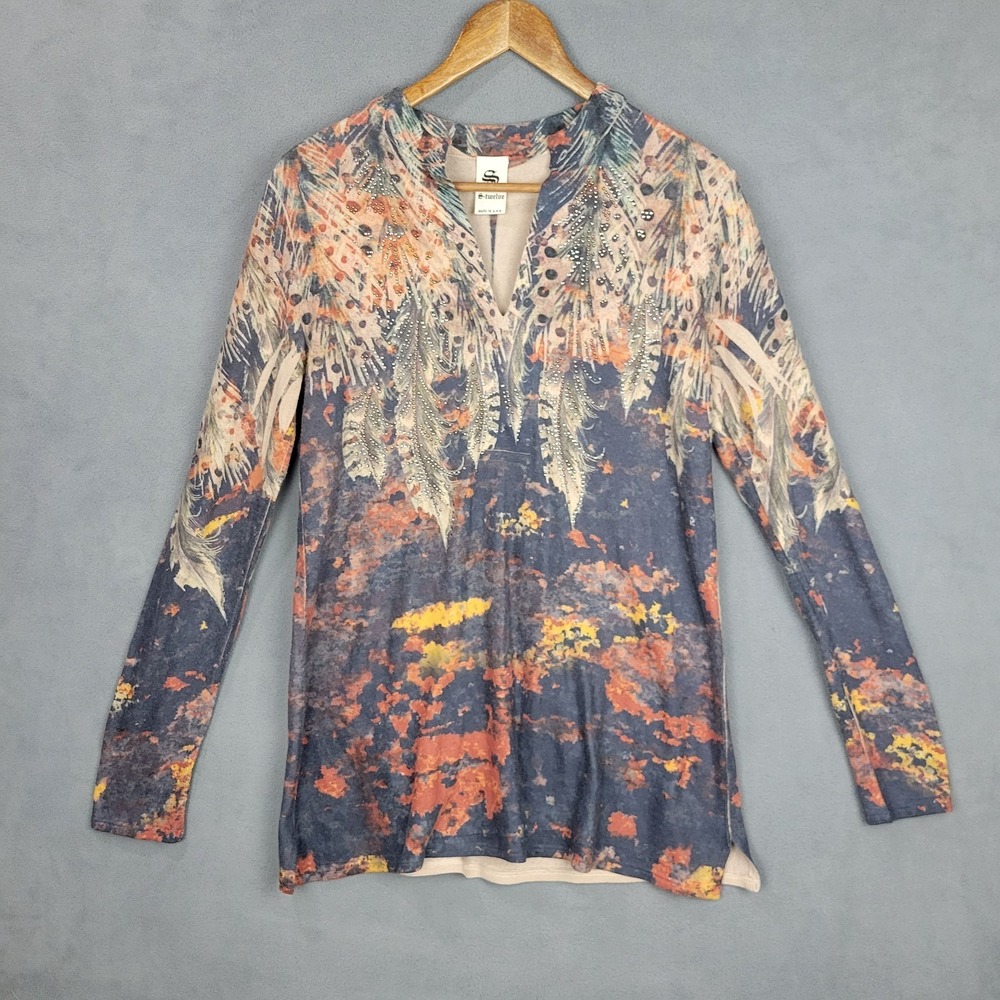 S-Twelve Blouse Top Womens Large Multicolor Printed Beaded Stretch V Neck Casual